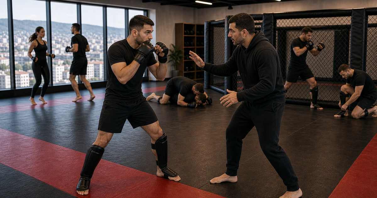 Cinematic MMA camp scene for Is MMA Camp Georgia Good for Beginners? in Tbilisi, Georgia