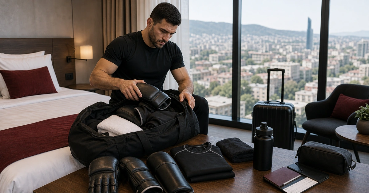 Cinematic MMA camp scene for MMA Camp in Tbilisi: Travel, Visa, Hotel, and Daily Logistics in Tbilisi, Georgia